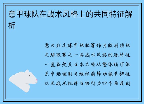 意甲球队在战术风格上的共同特征解析