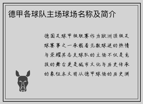 德甲各球队主场球场名称及简介